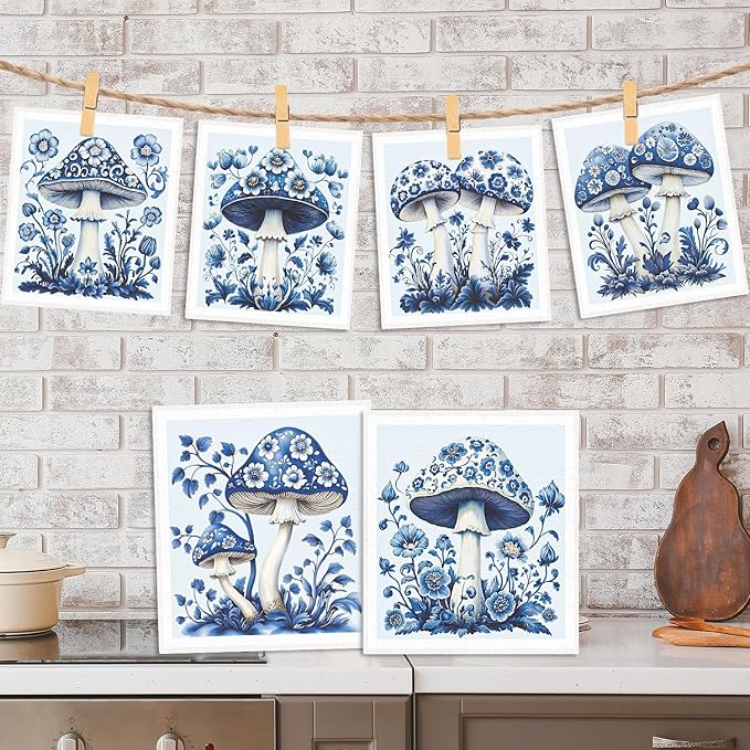 Blue Mushroom Swedish Dishcloths for Kitchen - 6PCS Mushroom Swedish Cloths for Washing Dishes, Reusable Dish Towels Gift for Home Party Cleaning, Funny Washable Cleaning Sponge Quick Drying