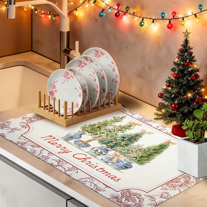 Chinoiserie Christmas Tree Dish Drying Mat, Vintage Floral Christmas Coffee Bar Mat for Countertops, Grandmillennial Xmas Absorbent Dish Drying Mats for Kitchen Counter Coffee Maker, 16x24 Inch