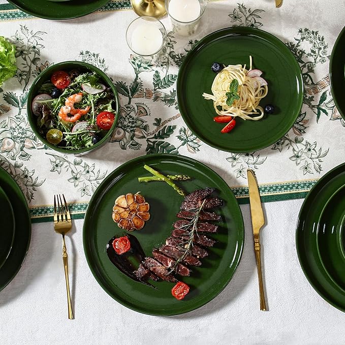 GZG Modern Art Series - 24 Pcs Speckled Stoneware Plates and Bowls Sets, Ceramic Dinnerware Set with Rustic Terracotta Underside, Microwave and Dishwasher Safe Handcrafted Dishes Set - Verdant Green