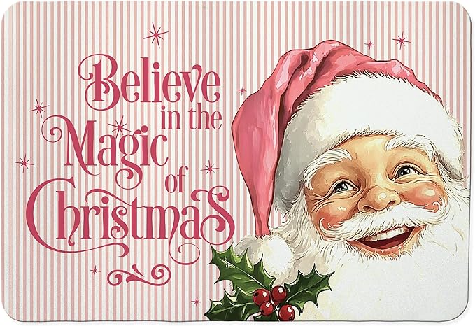 Pink Christmas Santa Dish Drying Mat, Preppy Xmas Coffee Bar Mat for Countertops, Believe in the Magic of Christmas Absorbent Dish Drying Mats for Kitchen Counter Coffee Maker, 16x24 Inch
