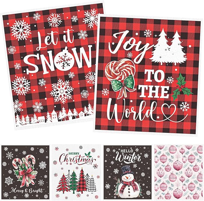 Winter Christmas Swedish Dishcloths for Kitchen - 6PCS Joy to the World Swedish Cloths for Washing Dishes, Snowman Merry Xmas Reusable Dish Towels, Holiday Winter Washable Cleaning Sponge Gift