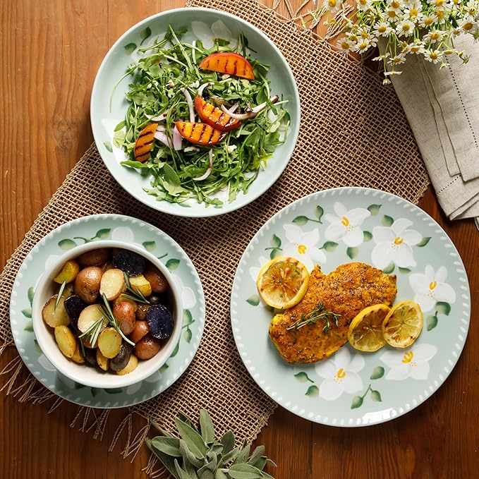 Bloomhouse Magnolia Bloom 16 Piece Double Bowl Hand Painted Stoneware Plates and Bowls Floral Dinnerware Set