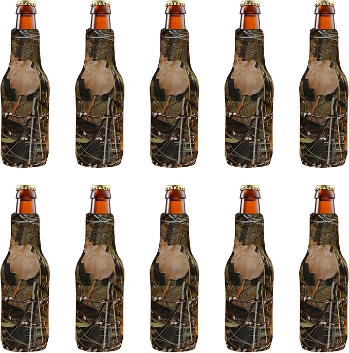10 Neoprene Zippered Beer Bottle Coolies Pack - Sharkskin Rubber Bottom - Camo4