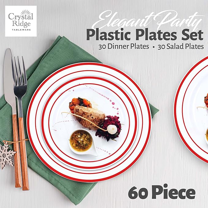 60 Pieces White Plastic Disposable Plates - Premium Heavy-Duty 30 Dinner Plates & 30 Salad Plates with Red Rim Ideal for Party, Birthday and Special Events