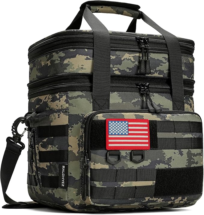 RalChyez Tactical Lunch Bag, 20L Large Heavy Duty Double Deck Insulated Lunch Box Leakproof Expandable Tote Cooler with Shoulder Strap for Adult Men Women Work Fishing Picnic Travel Ocp Camo