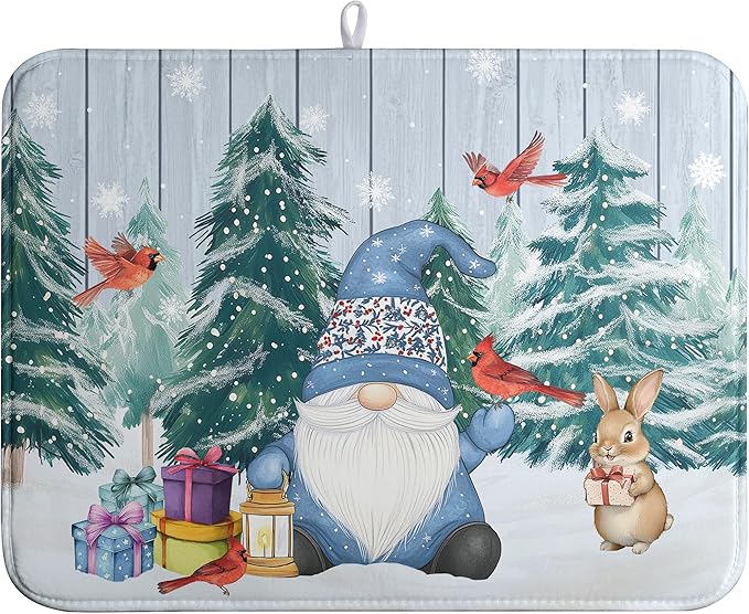 Winter Gnome Dish Drying Mat Christmas Tree Snowman Large Kitchen Mats Dish Drying Pad Bird Absorbent Dish Dryer Mat for Kitchen Countertops Microfiber Drainer Pad Dish Drying Mats (18x24 in)
