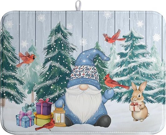 Winter Gnome Dish Drying Mat Christmas Tree Snowman Large Kitchen Mats Dish Drying Pad Bird Absorbent Dish Dryer Mat for Kitchen Countertops Microfiber Drainer Pad Dish Drying Mats (18x24 in)
