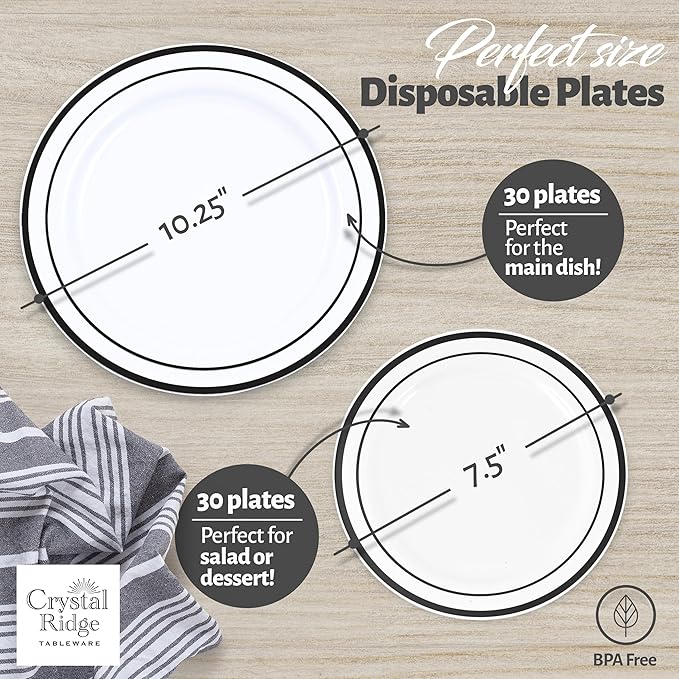 60 Pieces White Plastic Disposable Plates - Premium Heavy-Duty 30 Dinner Plates & 30 Salad Plates with Black Rim Ideal for Party, Birthday and Special Events