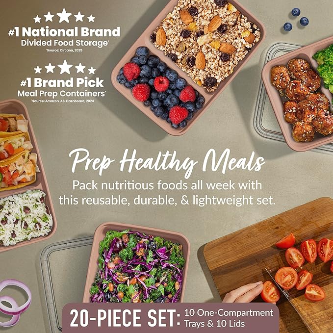 Bentgo Prep - 20-Piece 2-Compartment Reusable Meal Prep Containers with Lids, PFAS & BPA Free Materials, Durable, Microwave, Freezer, & Dishwasher Safe To Go Food Storage (Rose Gold)