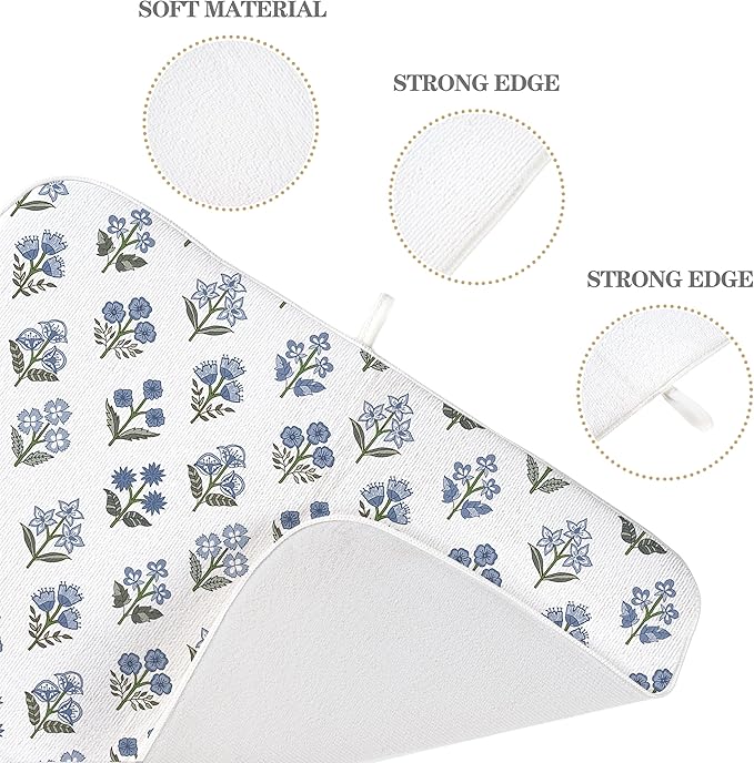 Blue Sage Green Block Print Dish Drying Mats 18x24 Inch Blue Sage Green Vintage Spring Floral Decorative Drying Mats Summer Outdoor Decor Coffee Bar Mat for Kitchen Dining Room