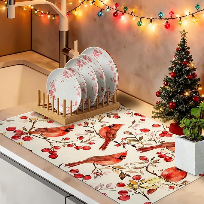 Christmas Red Cardinal Dish Drying Mat, Christmas Berry Tree Cardinal Coffee Bar Mat for Countertops, Rustic Xmas Absorbent Dish Drying Mats for Kitchen Counter Coffee Maker, 16x24 Inch