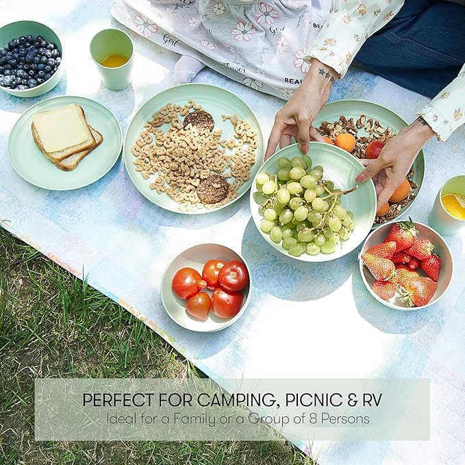 Wheat Straw Dinnerware Sets | Unbreakable Dinnerware Sets | Dishwasher Microwave Safe Dinnerware | Eco Friendly Non Breakable Dinnerware Sets | RV Outdoor Camping (Green, Service for 8 (32 pcs))