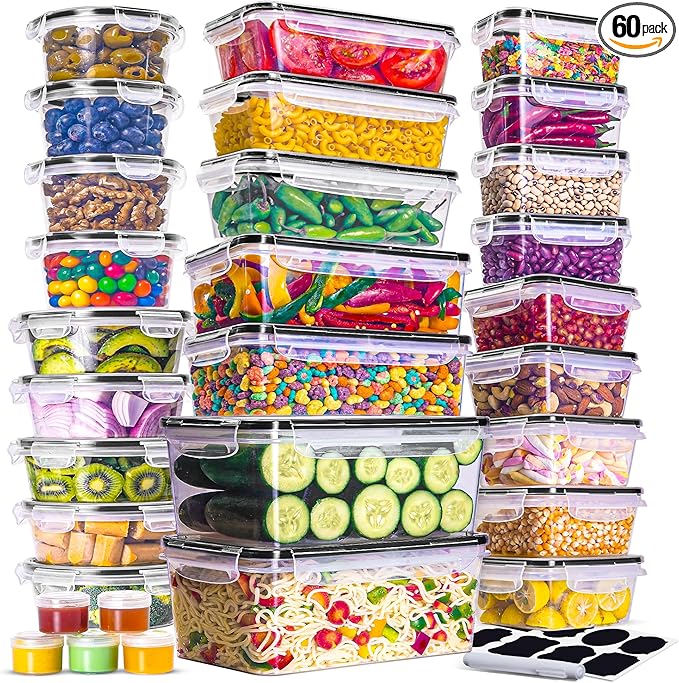 RFAQK 60 Pcs Food Storage Containers with Lids Airtight-75 OZ to 1.2 OZ (30 Containers & 30 Lids) 100% BPA-Free Clear Plastic Reusable Meal-Prep Containers for Fruit Storage
