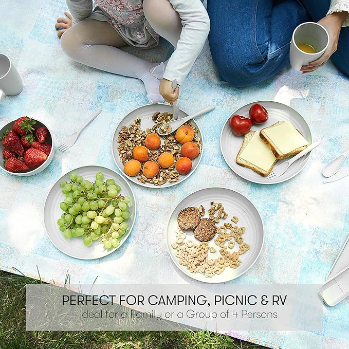 Wheat Straw Dinnerware Sets | Unbreakable Dinnerware Sets | Dishwasher Microwave Safe Dinnerware | Eco Friendly Non Breakable Dinnerware Sets | RV Outdoor Camping (Grey, Service for 4 (28 pcs))