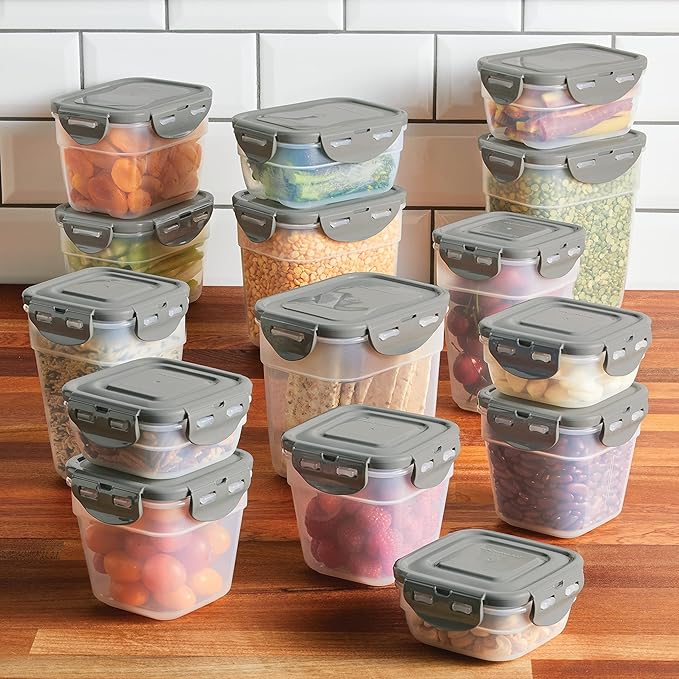 Rachael Ray Leak-Proof Stacking Container Food Storage Bin Set, 30-Piece, Clear with Gray Lids