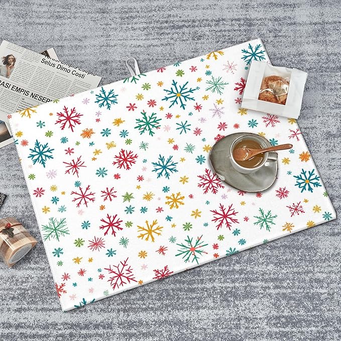 Christmas Snowflake Dish Drying Mat for Kitchen Counter Microfiber Super Absorbent Non-Slip Dish Drying Pad for Countertops Dishes Utensils Stylish Quick-Dry Machine Washable 18x24 Inch