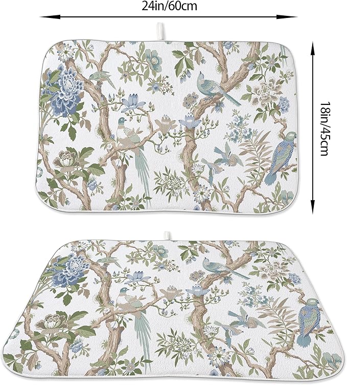 Chinoiserie Dish Drying Mat 18x24 Inches For Kitchen Counter Blue Green Birds Floral Kitchen Decoration Drying Mat Decorative Flower Drying Pad for Kitchen Dining Room Decor