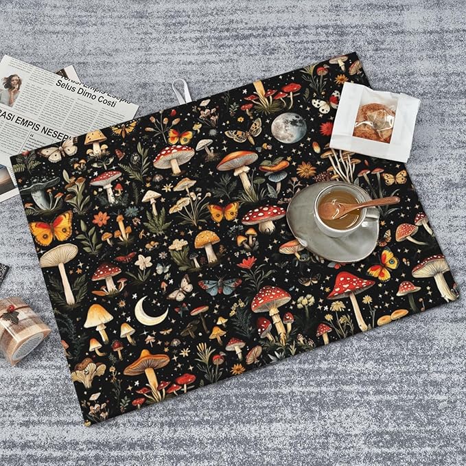 Black Forest Mushroom Butterfly Dish Drying Mats, Absorbent Microfiber Cute Decorative Kitchen Counter Mat, Washable, Reusable, Foldable for Dishes Utensils, Small Appliances, Home Decor, 18 x 24 inch