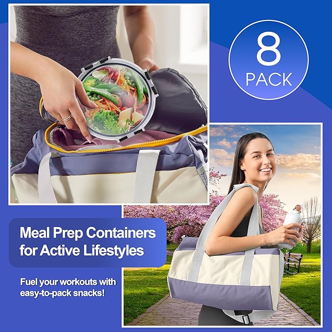 Sorbus 16pc Glass Meal Prep Containers Set – 8 Round 32oz Containers with Airtight Lids – Freezer, Dishwasher, Oven Safe – Reusable Food Storage Bowls, 4 Cup Capacity for Meal Prep and Storage