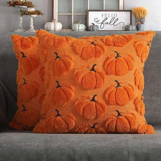 4TH Emotion Fall Pumpkins Decorative Pillow Covers 18x18 Set of 2, Orange Soft Plush Faux Fur Wool Farmhouse Throw Cushion Cases for Autumn Thanksgiving Holiday Home Decorations