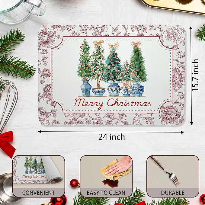 Chinoiserie Christmas Tree Dish Drying Mat, Vintage Floral Christmas Coffee Bar Mat for Countertops, Grandmillennial Xmas Absorbent Dish Drying Mats for Kitchen Counter Coffee Maker, 16x24 Inch