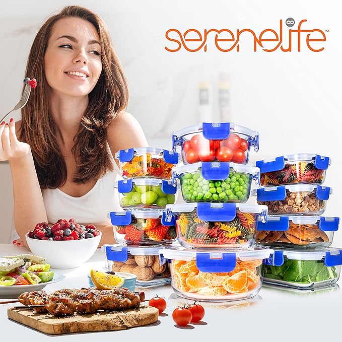 SereneLife 24 Piece Glass Storage Containers with Lids, 12 Pack Glass Meal Prep Container Set for Lunch, Kitchen Storage, Food Storage, Leak Proof, Freezer Safe and Dishwasher Safe, Blue