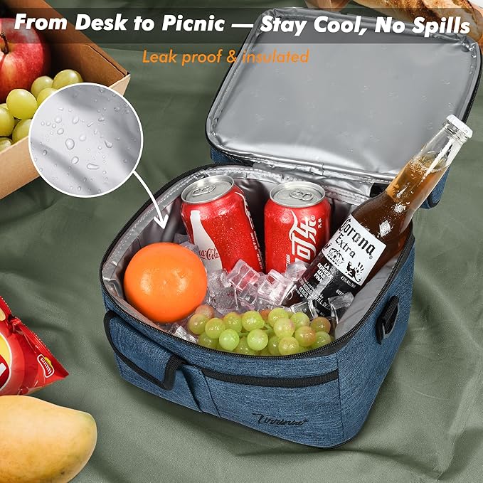 Tirrinia Reusable Lunch Box for Men Women, Insulated Lunch Bag Adult Work, Double Decker Leakproof Lunchbox for Office Picnic Beach—Dual Compartment Lunch Cooler Bag,Dark Blue