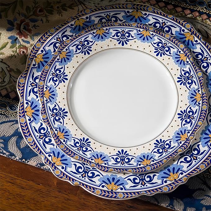 ACMLIFE 12-Piece Bone China Dinnerware Set, Blue and White Vintage Floral Dinnerware Set Service for 4, Lightweight Plates and Bowls Set with Gift Box (Blue-B)