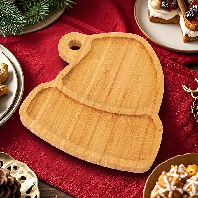 TJ POP Christmas Bamboo Serving Tray – Santa Hat Shape – Festive Wooden Snack Platter for Holiday Cookies & Treats – Christmas Kitchen & Party Decor