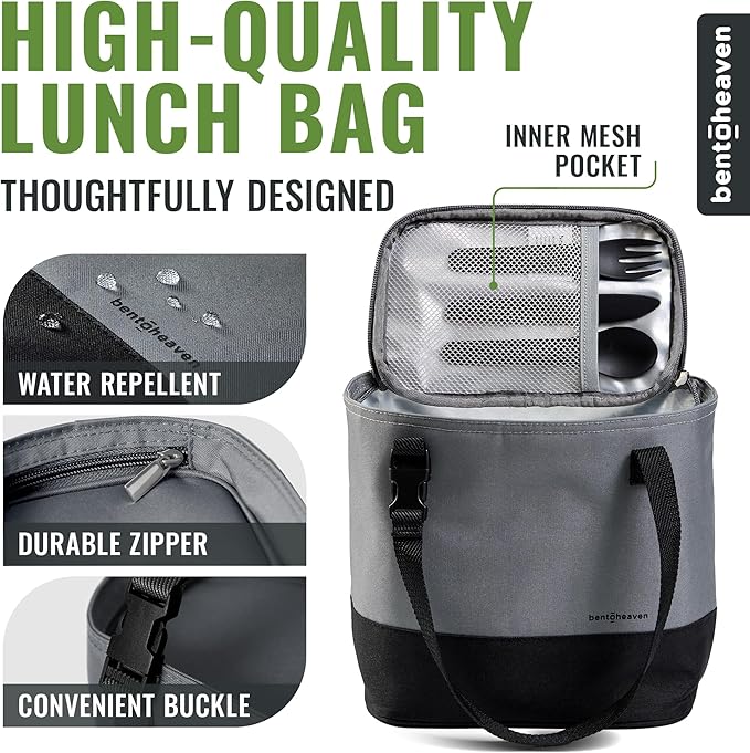 Bentoheaven Insulated Lunch Tote for Work - Durable Materials, Variable Strap/Handle, Wide Opening - Cooler Lunch Bag for Women & Men - Fits all major Bento Lunch Boxes and Other Containers (Gray)