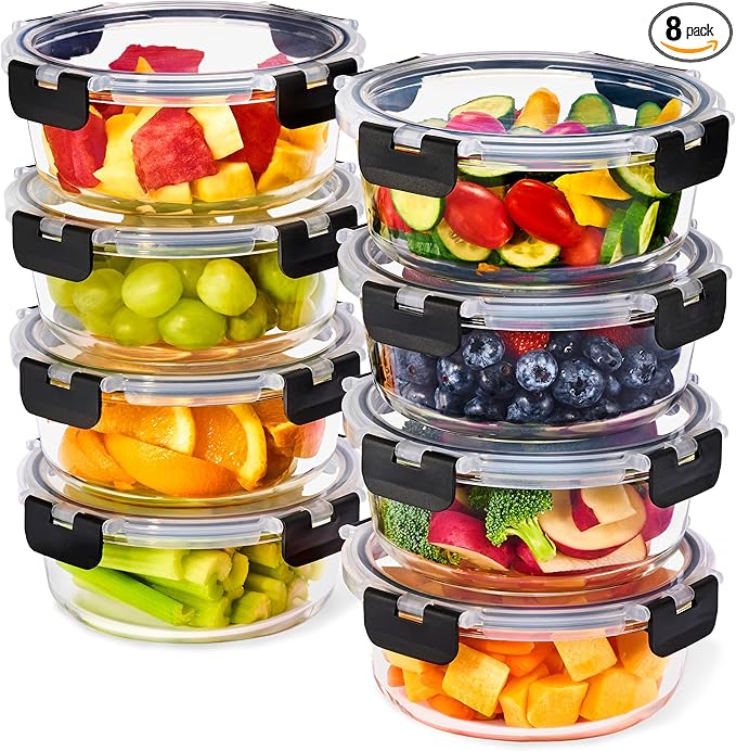 Sorbus 16pc Glass Meal Prep Containers Set – 8 Round 32oz Containers with Airtight Lids – Freezer, Dishwasher, Oven Safe – Reusable Food Storage Bowls, 4 Cup Capacity for Meal Prep and Storage