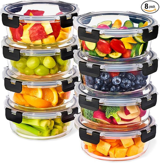 Sorbus 16pc Glass Meal Prep Containers Set – 8 Round 32oz Containers with Airtight Lids – Freezer, Dishwasher, Oven Safe – Reusable Food Storage Bowls, 4 Cup Capacity for Meal Prep and Storage
