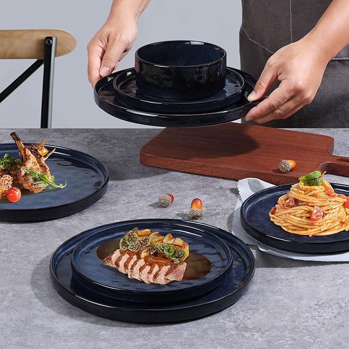 LIANYU 24 Pcs Plates and Bowls Sets for 8, Stoneware Dinnerware Dish Set, Dinner Dishware for Dessert Salad Pasta, Microwave & Dishwasher Safe, Cetacean Blue