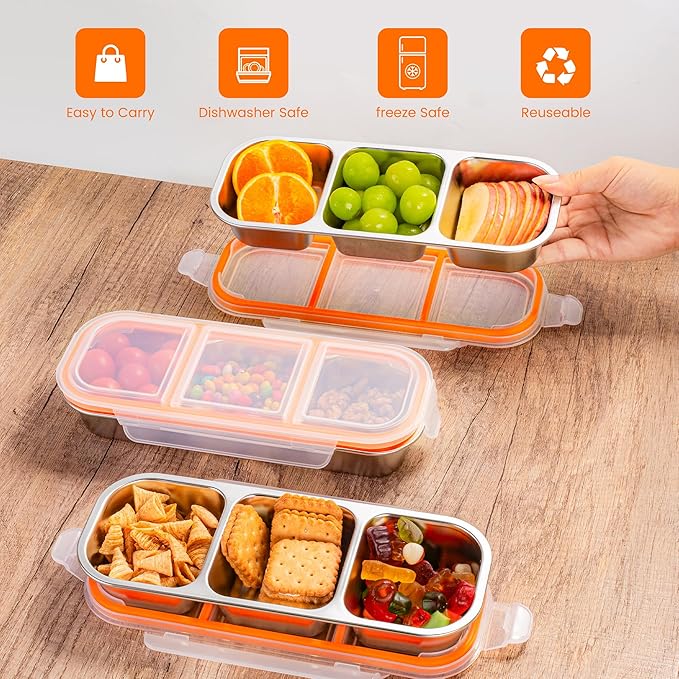 Bandesun Stainless Steel Snack Containers for kids, Leak Proof 3 Compartment Food Storage Containers with Lids, Reusable Stackable Lunch Box for Travel, School, Home, Travel 1Pack