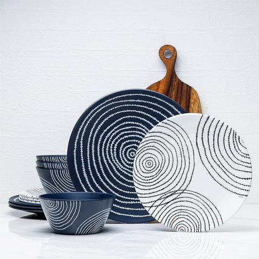 bzyoo 12 Piece Melamine Dinnerware Set - Durable, Dishwasher Safe Blue Plates and Bowls - Dining, Parties, Camping Dish Set Blue Planet Collection