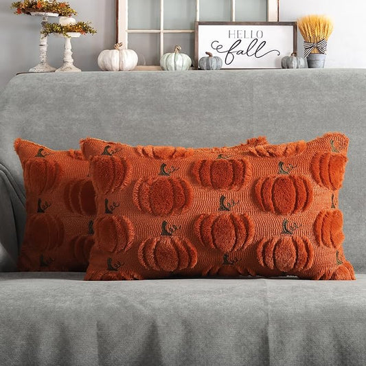 4TH Emotion Fall Pumpkin Decorative Lumbar Pillow Covers 12x20 Set of 2, Dark Rust Red Soft Plush Faux Fur Wool Farmhouse Throw Cushion Cases for Autumn Thanksgiving Holiday Home Decorations