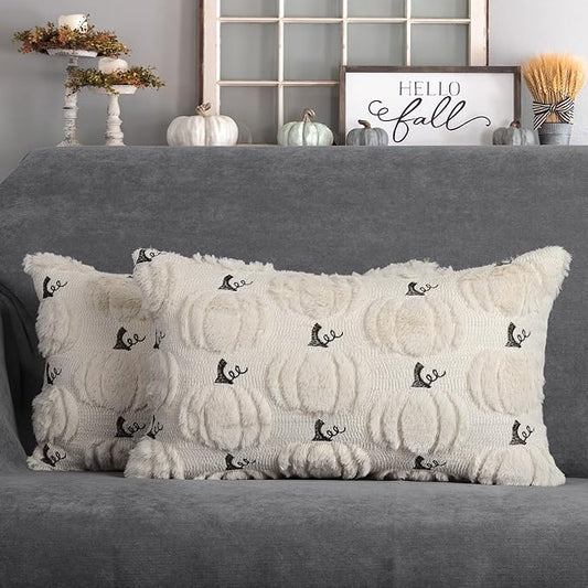 4TH Emotion Fall Pumpkin Decorative Lumbar Pillow Covers 12x20 Set of 2, Beige Soft Plush Faux Fur Wool Farmhouse Throw Cushion Cases for Autumn Thanksgiving Holiday Home Decorations