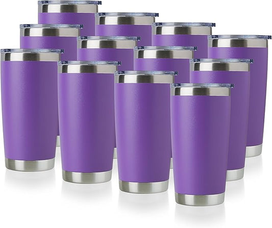 DOMICARE 20oz Stainless Steel Tumbler Bulk with Lid, Double Wall Vacuum Insulated Travel Mug, Powder Coated Coffee Cup (Powder Purple, 12)
