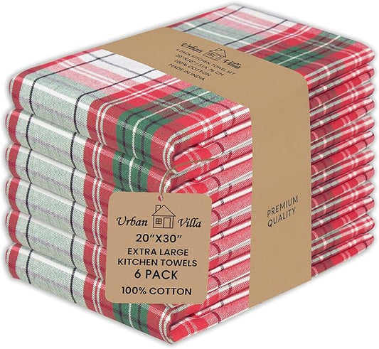 Urban Villa Checkered KitchenTowels Set of 6 Classic Checks Kitchen Towels 20X30 Inches 100% Cotton Highly Absorbent Kitchen Towels Premium Quality Ultra Soft Mitered Corners KitchenTowels