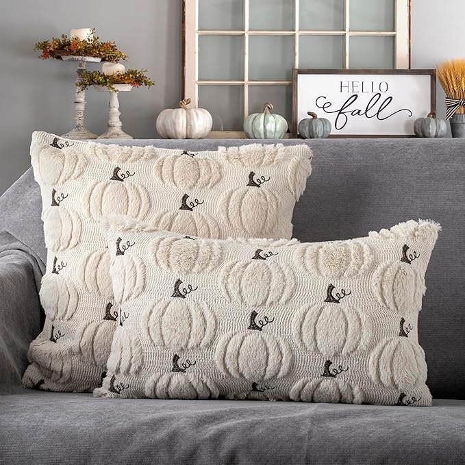 4TH Emotion Fall Pumpkin Decorative Lumbar Pillow Covers 12x20 Set of 2, Beige Soft Plush Faux Fur Wool Farmhouse Throw Cushion Cases for Autumn Thanksgiving Holiday Home Decorations