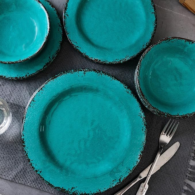LEHAHA 12 Piece Vintage Melamine Dinnerware Sets Include 4 Dinner Plates, 4 Salad Plates and 4 Bowls Service for 4, Unbreakable Farmhouse Dishes and Bowls Suitable for Indoor and Outdoor Use Teal