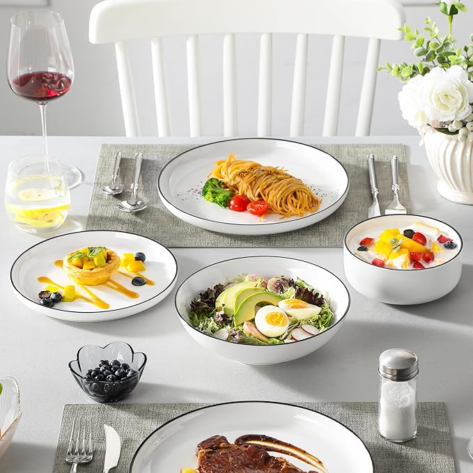 MALACASA Plates and Bowls Sets, 24 Pieces Modern Porcelain Dinnerware Set for 6 Ceramic Dishware Dishes White Kitchen Dinner Dining Ware Set wtih Black Rim Microwave and Dishwasher Safe, Series LUNA