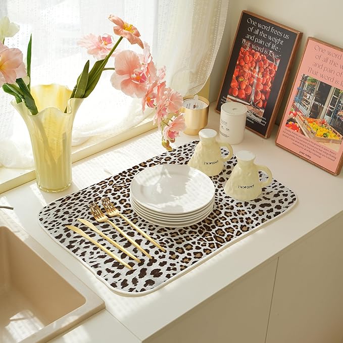 Brown Leopard Print Drying Mat 18x24 Inches For Kitchen Counter Boho Animal Skin Cheetah Print Kitchen Decoration Drying Mat Decorative Boho Pad for Kitchen Dining Room,Office Decor