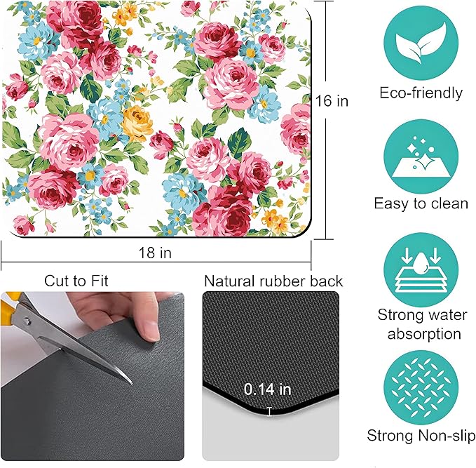 Rubber Dish Drying Mat for Kitchen Counter Large Pink Red Roses Floral Washable Quick Home Coffee Pad Fit Under Sink,Bar,Utensils 16x18in