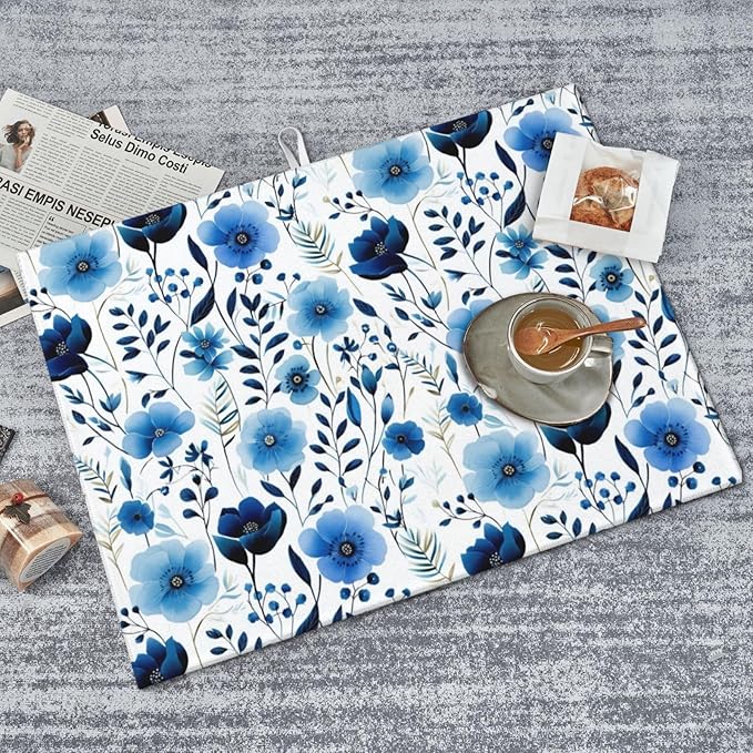 Blue White Floral Watercolor Dish Drying Mats, Absorbent Boho Blue Decorative Kitchen Counter Mat, Polyester, Absorption, Foldable, for Kitchen Dishes Utensils Small Appliances, Home Decor, 18" x 24"