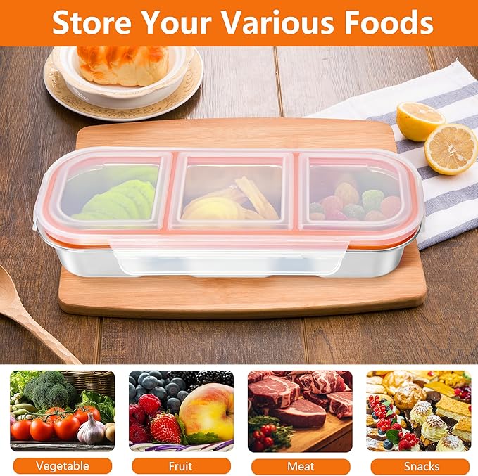 2Pack Stainless Steel Snackle Box Container, Reusable Metal Bento Box, Leak Proof 3 Compartment Divided Food Storage Containers for Travel Home Picnic Work