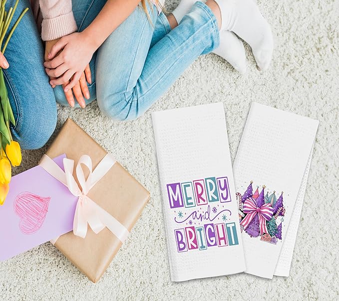 Purple Christmas Tree Kitchen Towels Set of 2, Coquette Bow Xmas Tree Dish Tea Towels for Kitchen, Preppy Christmas Holiday Decorative Hand Towel for Bathroom, 16x24 Inch