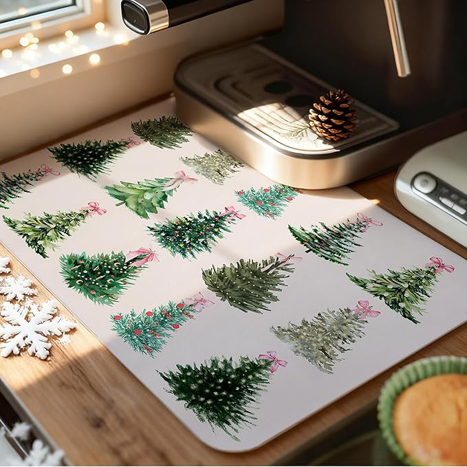 Pink Coquette Bow Christmas Tree Dish Drying Mat, Preppy Christmas Coffee Bar Mat for Countertops, Xmas Bauble Tree Absorbent Dish Drying Mats for Kitchen Counter Coffee Maker, 16x24 Inch