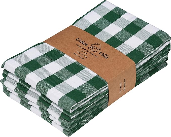 Urban Villa Kitchen Towels Set of 6 Buffalo Checks Hunter/White Kitchen Towels 20X30 Inches 100% Cotton Highly Absorbent Kitchen Towels Premium Quality Ultra Soft Mitered Corners Kitchen Towels