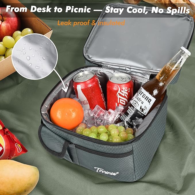 Tirrinia Reusable Lunch Box for Men Women, Insulated Lunch Bag Adult Work, Double Decker Leakproof Lunchbox for Office Picnic Beach—Dual Compartment Lunch Cooler Bag,Celadon